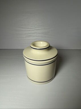 "Norpro Butter Keeper" Cream Stoneware Canister with Navy Blue Bands